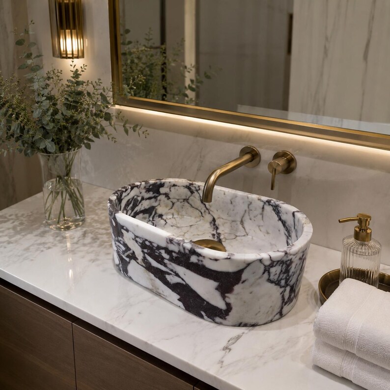 Puede incluir: Un lavabo ovalado de m&aacute;rmol blanco con vetas pronunciadas en color morado oscuro y negro. El lavabo est&aacute; montado sobre una encimera de m&aacute;rmol blanco con un grifo y manija de lat&oacute;n en la pared, junto a un dispensador de jab&oacute;n de vidrio y toallas.