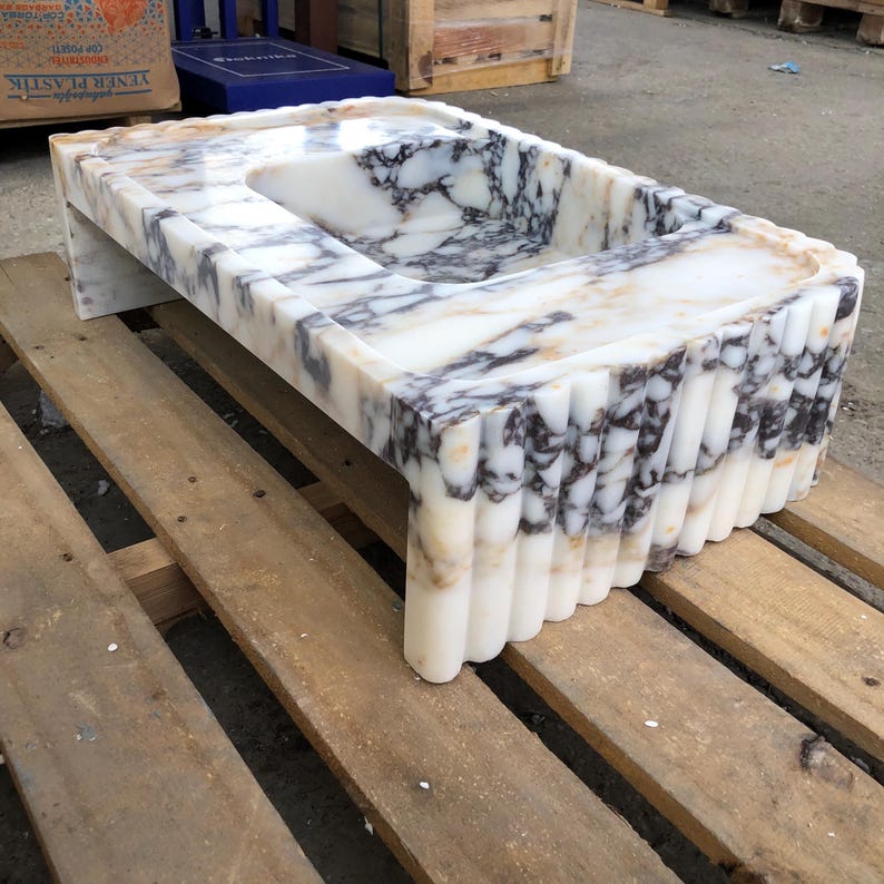 Calacatta Viola Marble Fluted Sink Wall Mount Marble Sink Marble Bathroom Sink Powder Room Sink Custom Vanity Top Natural Stone Marble Sink