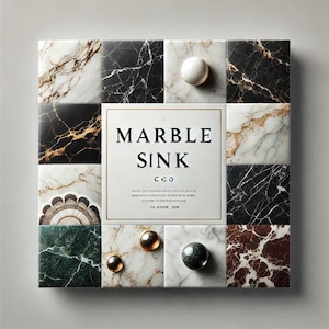 May include: A close-up of a marble sink with a variety of marble tiles in different colours and patterns. The text "MARBLE SINK CCO" is printed on a white label in the centre of the image.