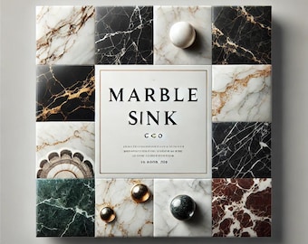 Può includere: Primo piano di un lavandino in marmo con una varietà di piastrelle di marmo in diversi colori e motivi. Il testo "MARBLE SINK CCO" è stampato su un'etichetta bianca al centro dell'immagine.