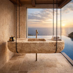 May include: A suspended stone sink with a rectangular basin and a bronze tap. The sink is supported by chains and a bronze leg. The background features a large window with an ocean view and a sunset.