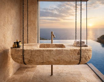 Chain-Suspended Travertine Statement Sink by MarbleSinkCo