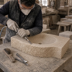 Stone artisan hand-finishing the curved front surface of a natural travertine bathroom sink