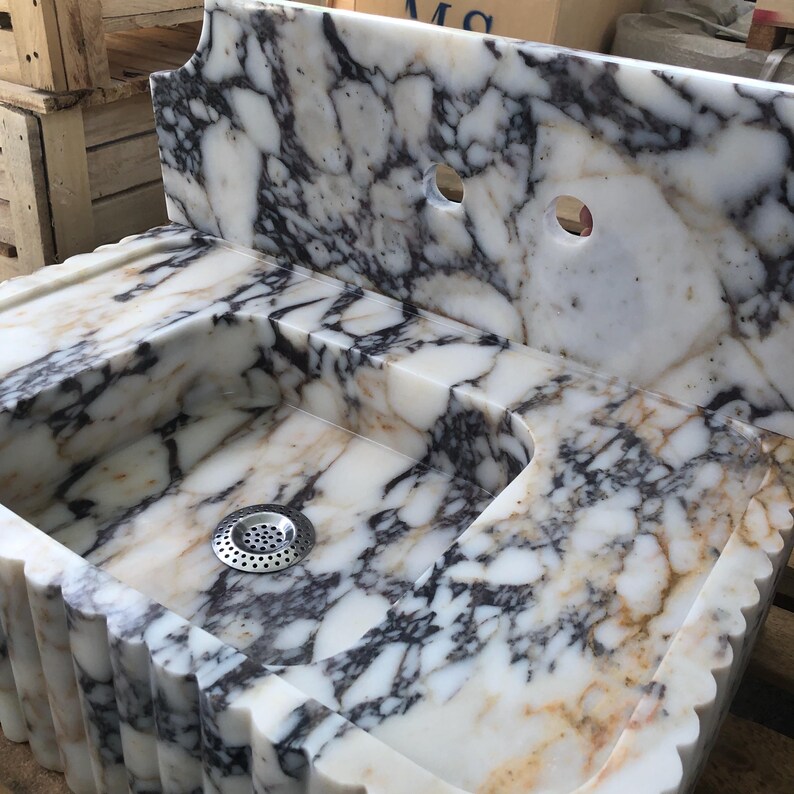 Calacatta Viola Marble Fluted Sink Wall Mount Marble Sink Marble Bathroom Sink Powder Room Sink Custom Vanity Top Natural Stone Marble Sink