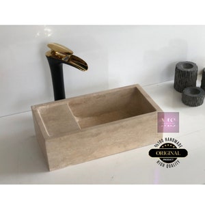 Travertine Wall Mount Bathroom Sink, Small Beige Stone Vessel Basin, Handmade Powder Room Vanity Sink image 6