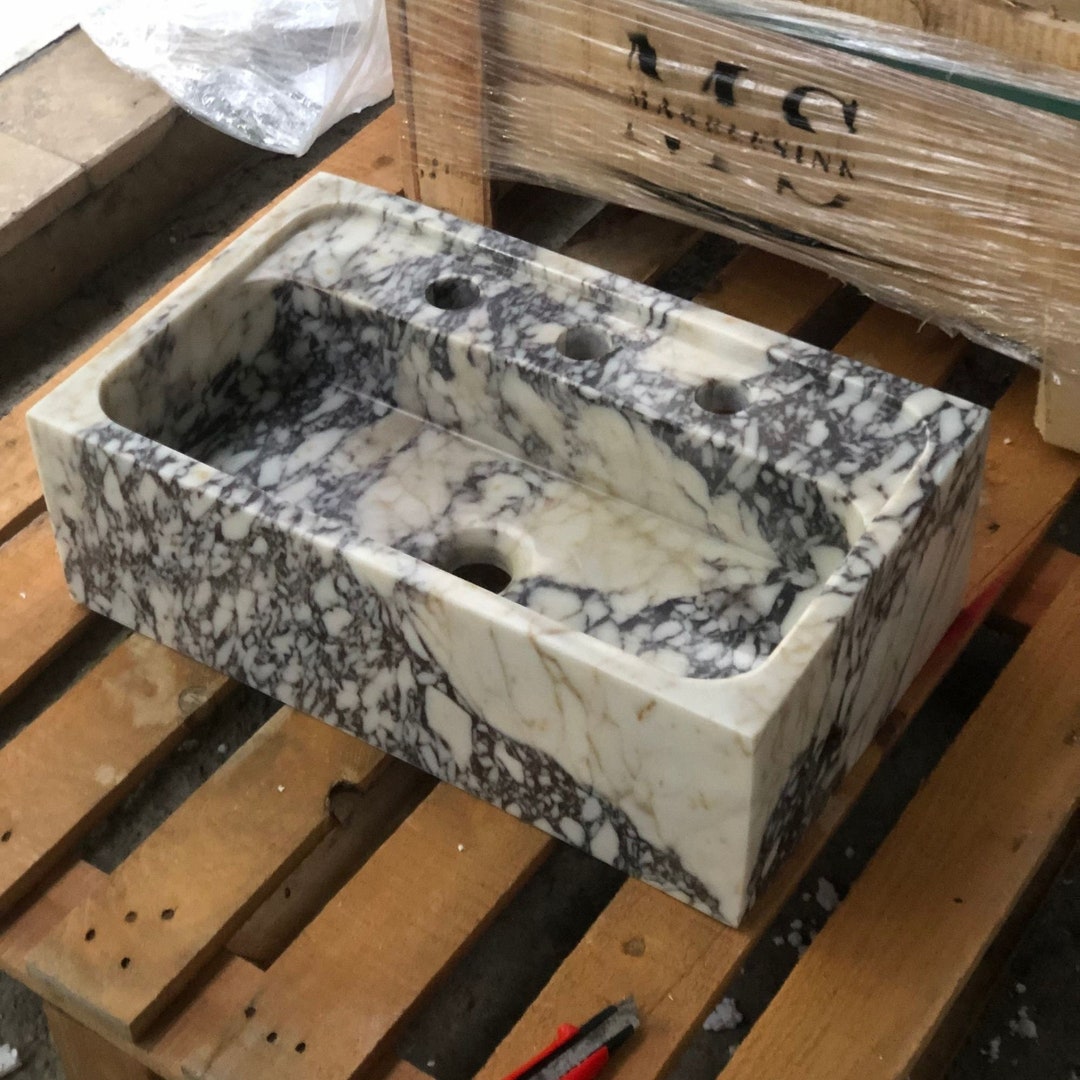 Hand-Carved Calacatta Viola Marble Sink: Bathroom Vanity Sink Farmhouse Decor