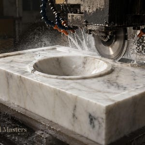 polishing-process.jpg	Skilled artisan hand polishing a Calacatta Gold marble sink in the workshop, showing handmade craftsmanship, stone dust, tools and natural marble texture