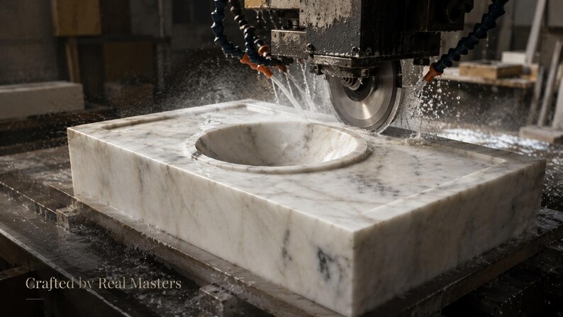 polishing-process.jpg	Skilled artisan hand polishing a Calacatta Gold marble sink in the workshop, showing handmade craftsmanship, stone dust, tools and natural marble texture