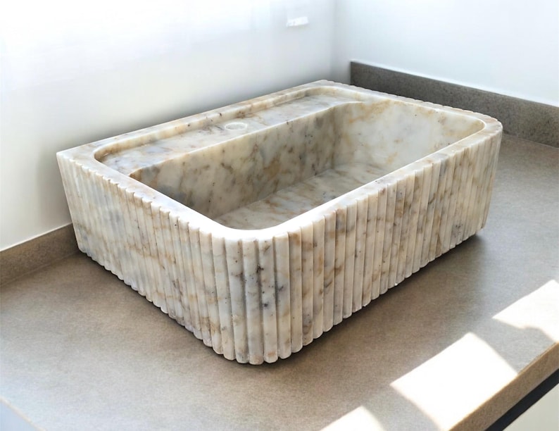 Calacatta Viola Marble Fluted Sink Wall Mount Marble Sink Marble Bathroom Sink Powder Room Sink Custom Vanity Top Natural Stone Marble Sink