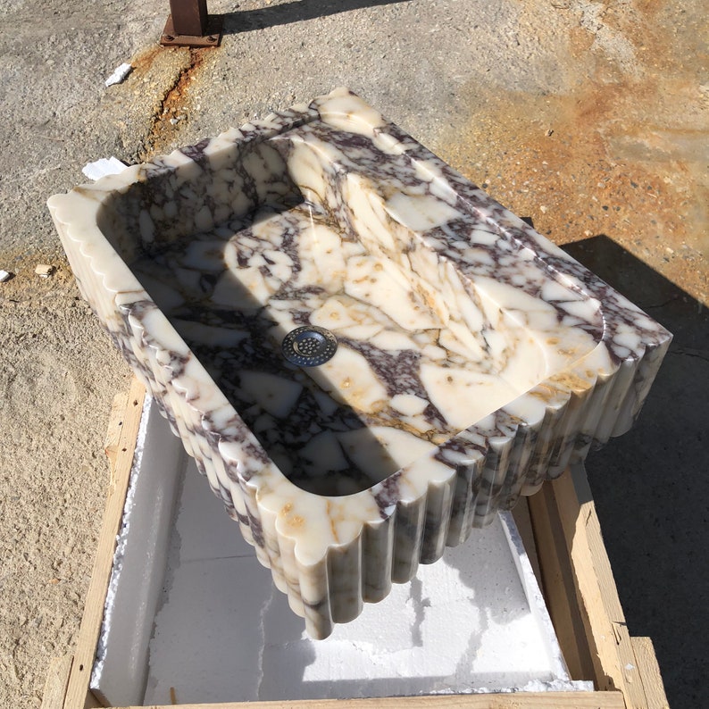 Natural Stone Vessel Bathroom Sink, Chiseled Calacatta Marble Sink, Stone Floating Bathroom Sink, Square Marble Vanity Fluted Vanity Basin