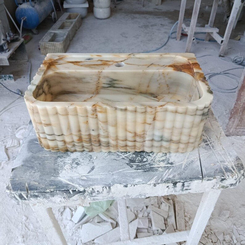 marble bathroom sink, countertop sink, stone bathroom sink, scrubber mounted sink, oval marble sink, custom design sink, white marble sink, natural stone sink, modern marble sink, handmade stone sink, calacatta marble sink, luxury bathroom sink, ribbed sink, Calacatta Macchia Vecchia Marble Sink, Bathroom Vanity
