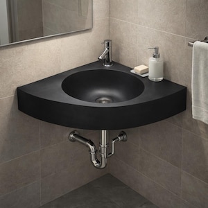 Black Basalt Corner Sink – Wall Mounted Triangle Bathroom Sink for Modern & Luxury Interiors by MarbleSinkCo