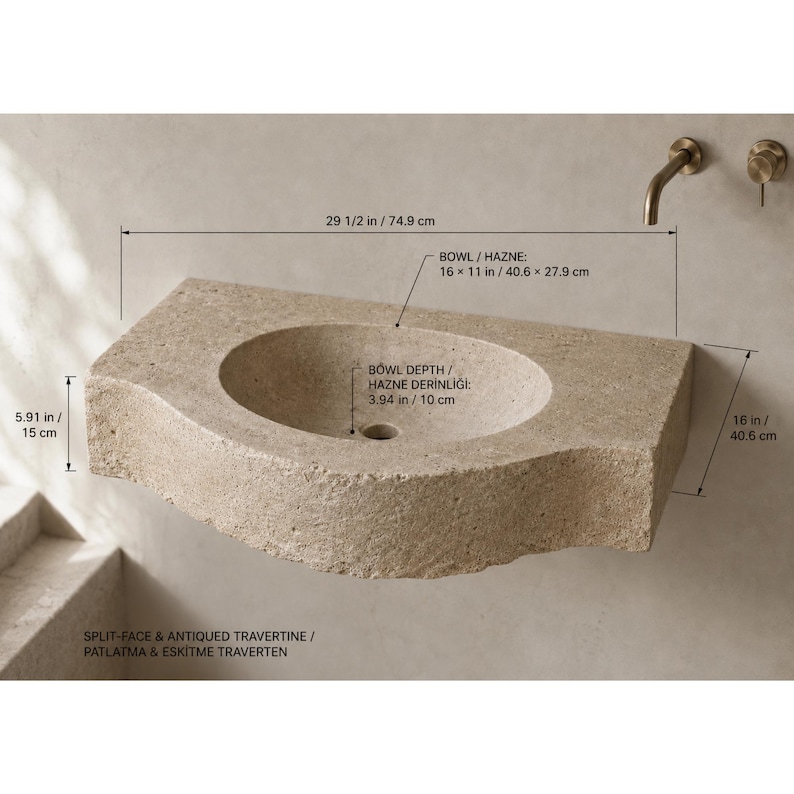 Dimension drawing of the travertine sink showing overall size and internal bowl measurements