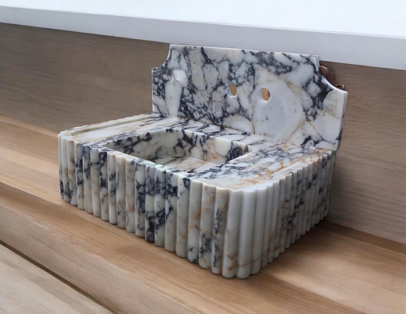 Calacatta Viola Marble Fluted Sink Wall Mount Marble Sink Marble Bathroom Sink Powder Room Sink Custom Vanity Top Natural Stone Marble Sink