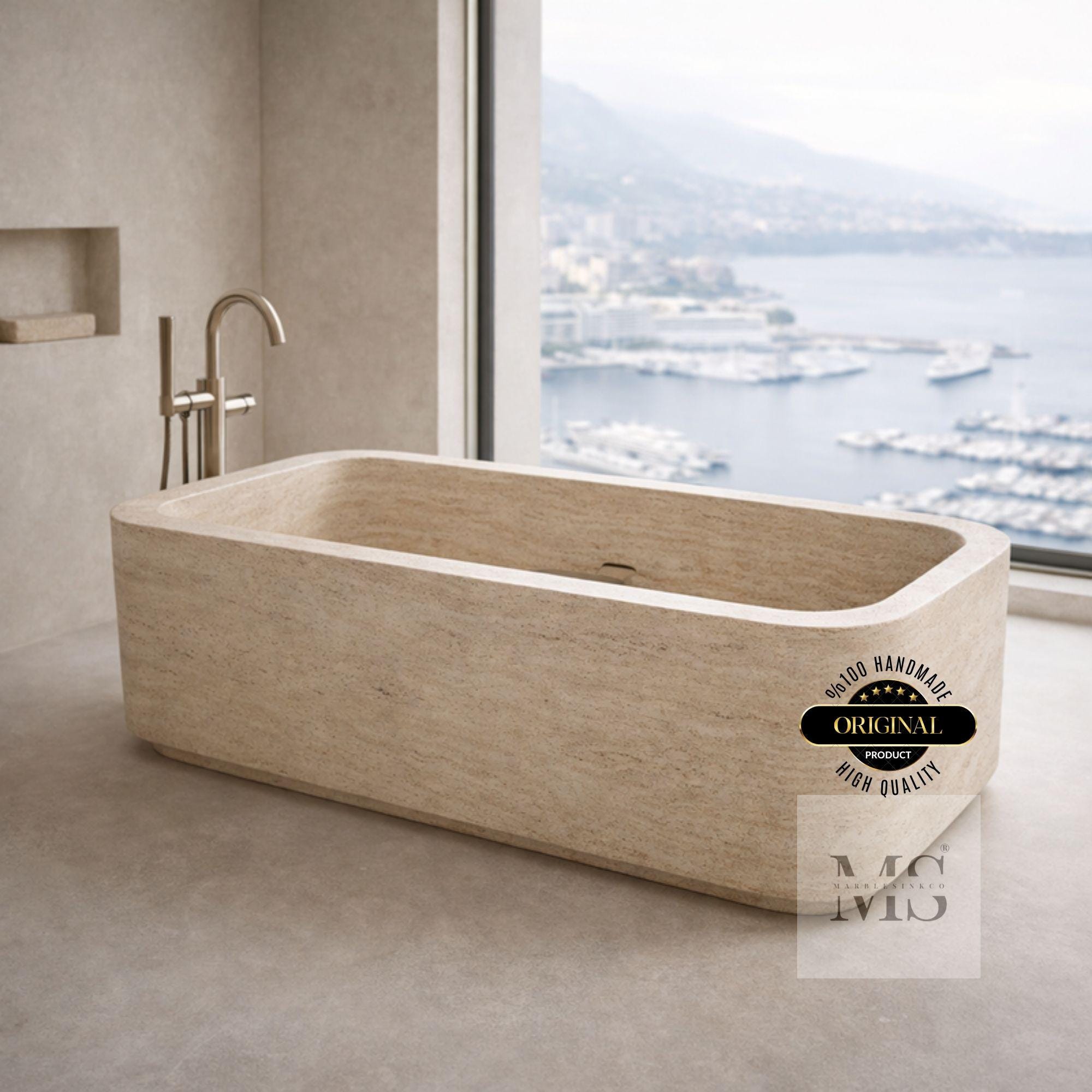 Travertine Bathtub 63in 160cm Freestanding Soaking Tub Hand Carved