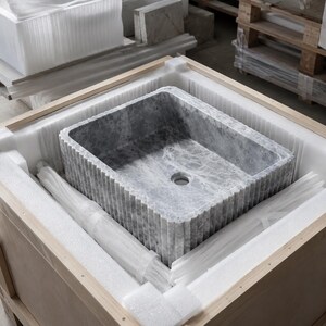 Luxury Handcrafted Tundra Gray Marble Wall Mounted Fluted Sink
Natural Stone Bathroom Vanity Basin by MarbleSinkCo, Gray  marble sink - countertop sink - vanity sink - farmhouse sink - vessel sink - splashback sink - bathroom sink - wall-mounted marble sink - wall-mounted sink - kitchen sink - console pedestal marble sink - cabinet top sink - marble sink with wooden drawers - square