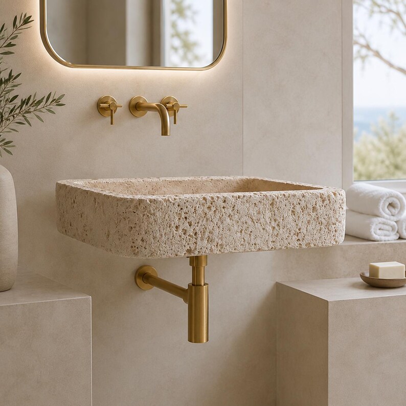 Hand carved travertine wall mounted sink