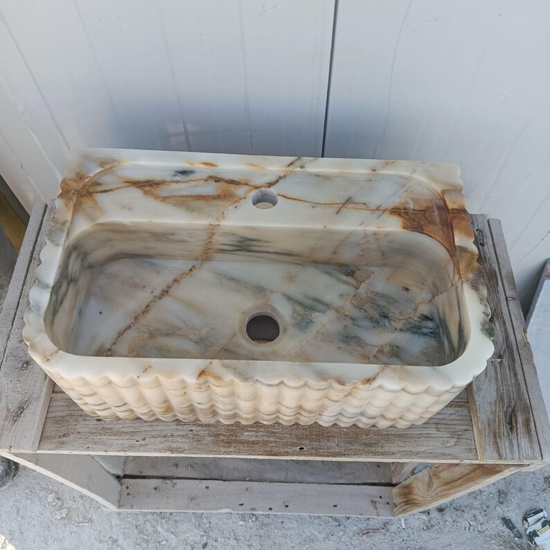 marble bathroom sink, countertop sink, stone bathroom sink, scrubber mounted sink, oval marble sink, custom design sink, white marble sink, natural stone sink, modern marble sink, handmade stone sink, calacatta marble sink, luxury bathroom sink, ribbed sink, Calacatta Macchia Vecchia Marble Sink, Bathroom Vanity