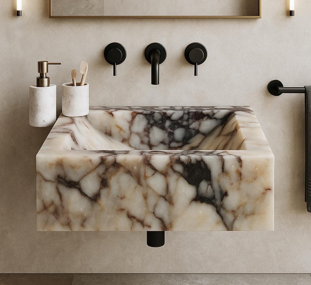 Calacatta Viola Wall-Mount Marble Sink | Luxury Floating Stone Basin | No Overflow | Handcrafted