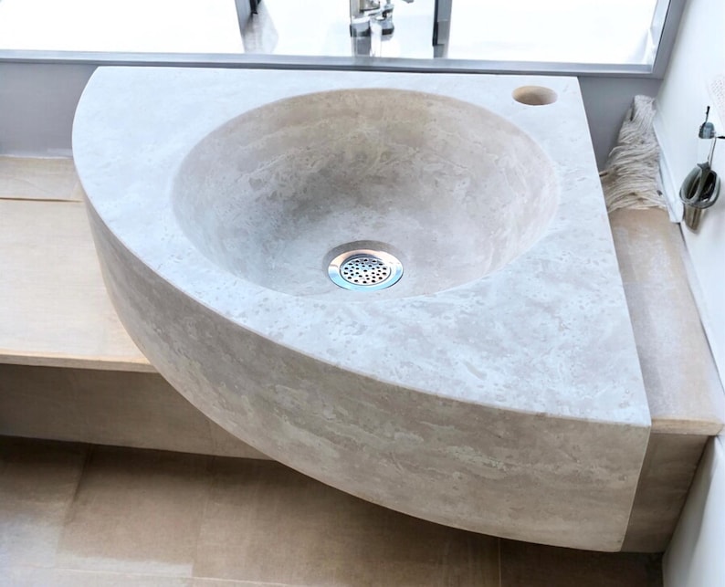 Travertine Corner Sink - Stone Marble Sink Bathroom Vanity, Travertine Corner Bathroom Sink - Bathroom Vanity