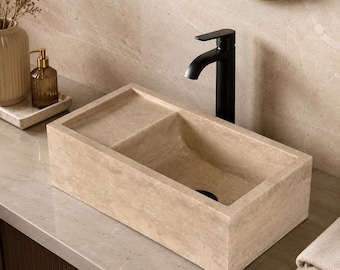 Travertine Wall Mount Bathroom Sink, Small Beige Stone Vessel Basin, Handmade Powder Room Vanity Sink by MarbleSinkCo