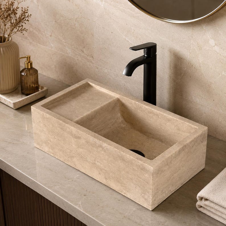 Small Travertine Wall Mount Sink + Powder Room Vessel Basin
