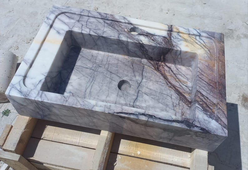 Carrara Marble Sink with Backsplash - Wall Mounted Marble Bathroom Sink, Marble Vanity Top, White Marble Powder Room Sink - Custom Vanity