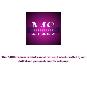 Pu&ograve; includere: Un logo quadrato rosa con le lettere "MS" in bianco, con il testo "MARBLESINK" in bianco sotto le lettere. Il testo "Our %100 real marbel sinks are a true work of art, crafted by our skilled and passionate marble artisans" &egrave; sotto il logo.