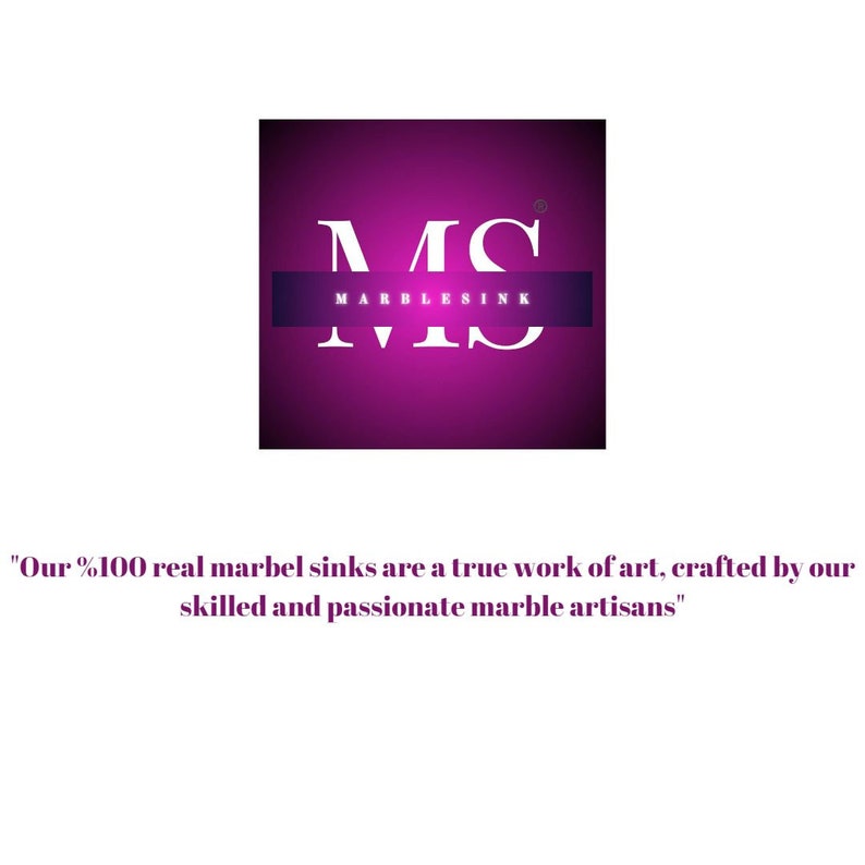 Pu&ograve; includere: Un logo quadrato rosa con le lettere "MS" in bianco, con il testo "MARBLESINK" in bianco sotto le lettere. Il testo "Our %100 real marbel sinks are a true work of art, crafted by our skilled and passionate marble artisans" &egrave; sotto il logo.