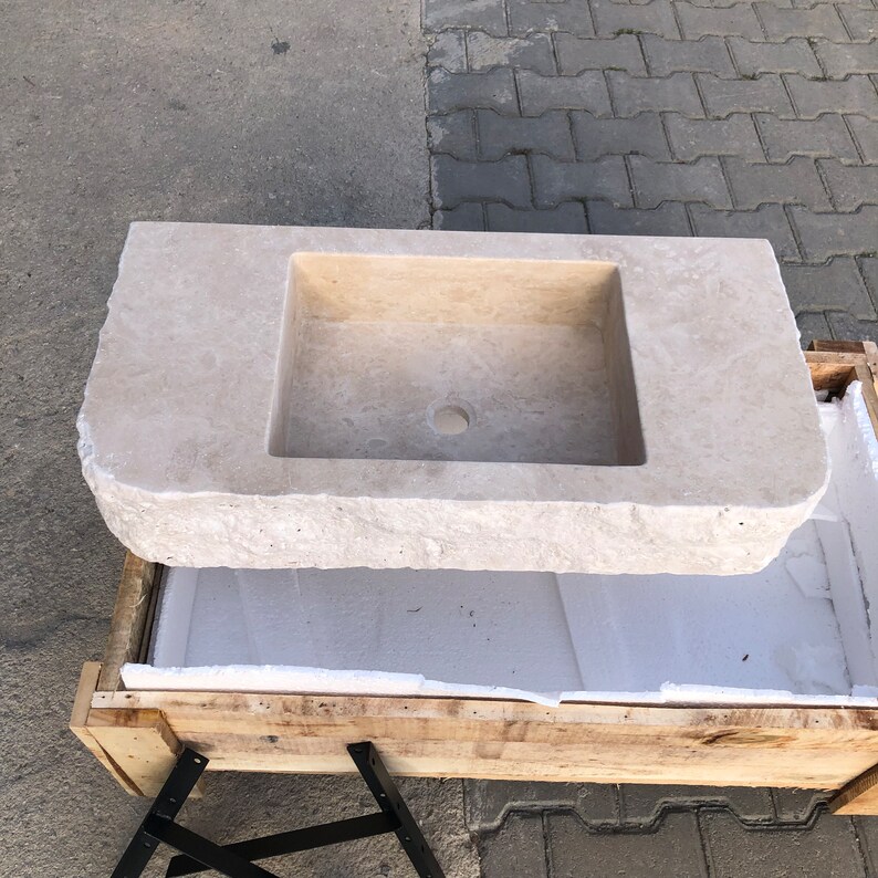 Travertine Sink, Rustic Design,  100% Natural Stone, Handcrafted - Custom Sink, Chiseled Sink, Rustic Sink, Handmade Design, Wall Sink Travertine Sink: Rustic Chiseled Natural Stone Bathroom Vanity