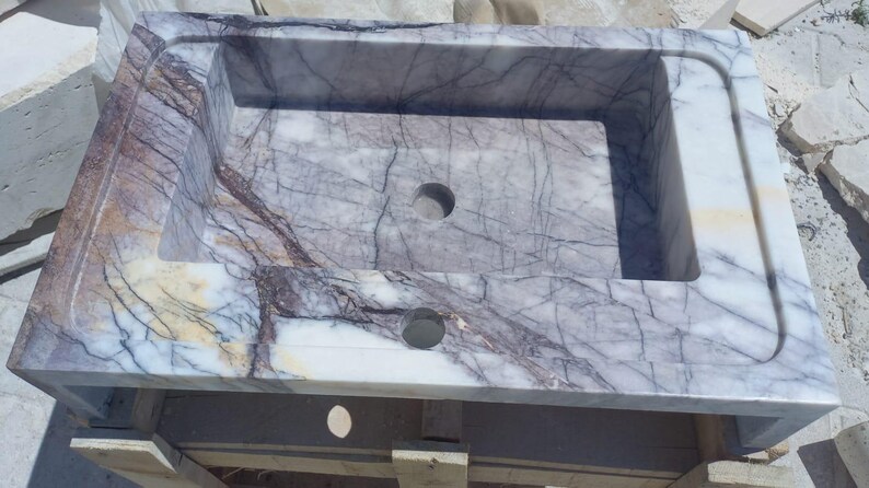 Carrara Marble Sink with Backsplash - Wall Mounted Marble Bathroom Sink, Marble Vanity Top, White Marble Powder Room Sink - Custom Vanity