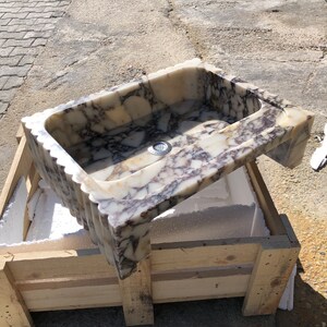 Natural Stone Vessel Bathroom Sink, Chiseled Calacatta Marble Sink, Stone Floating Bathroom Sink, Square Marble Vanity Fluted Vanity Basin