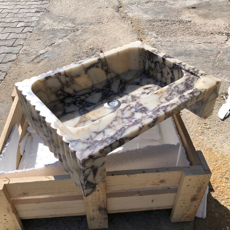 Natural Stone Vessel Bathroom Sink, Chiseled Calacatta Marble Sink, Stone Floating Bathroom Sink, Square Marble Vanity Fluted Vanity Basin