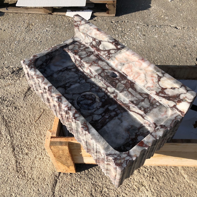 Custom Calacatta Viola marble sink measuring 18 x 30 x 8 inches, 45 x 75 x 20 cm, handmade wall mounted bathroom basin for luxury vanity and natural stone bathroom design