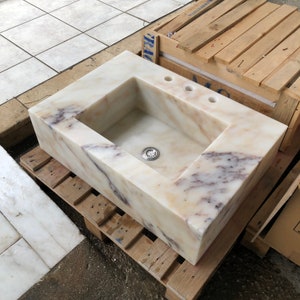 Wall hung Vessel Sink with 3 faucet holes Calacatta Gold Floating Sink, Farmhouse Kitchen Sink, Rough Stone Sink Marble Sink Bathroom Vanity
