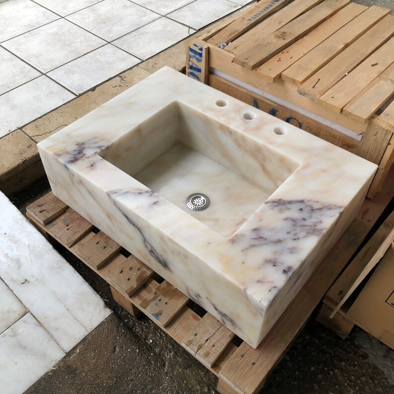 Wall hung Vessel Sink with 3 faucet holes Calacatta Gold Floating Sink, Farmhouse Kitchen Sink, Rough Stone Sink Marble Sink Bathroom Vanity
