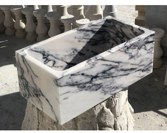 Veined Marble Vessel Sink, Natural Stone Bathroom Basin, Handmade Marble Vanity