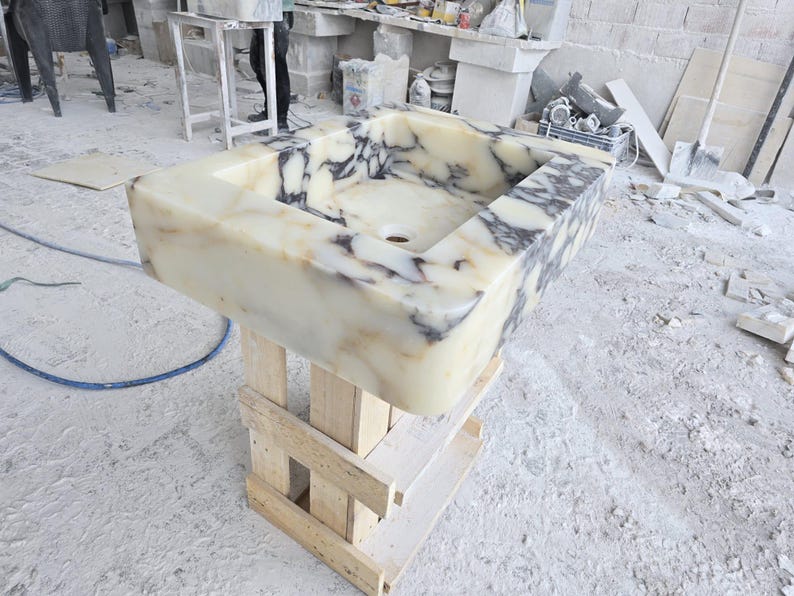 Handmade Calacatta Viola Marble Sink – Custom Wall Mount or Countertop Vanity Basin – Solid Stone Bathroom Sink, Unique Italian Marble Washbasin
