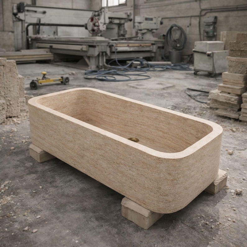 Travertine Bathtub 63in 160cm Freestanding Soaking Tub, Hand Carved Monolithic Natural Stone Bath Tub, Luxury Spa, Custom Size