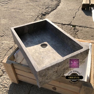 Rustic Travertine Wall Mount Sink – Natural Stone Vessel Sink – Hand-Carved Rectangle Bathroom Vanity – Modern Minimalist Basin