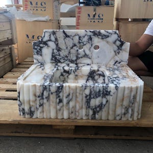 Calacatta Viola Marble Fluted Sink Wall Mount Marble Sink Marble Bathroom Sink Powder Room Sink Custom Vanity Top Natural Stone Marble Sink