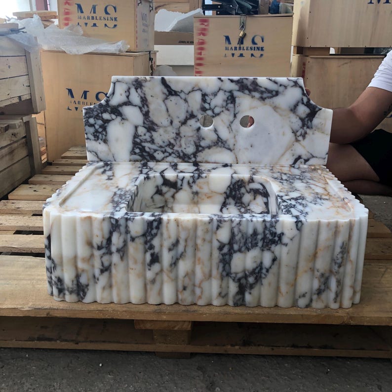 Calacatta Viola Marble Fluted Sink Wall Mount Marble Sink Marble Bathroom Sink Powder Room Sink Custom Vanity Top Natural Stone Marble Sink