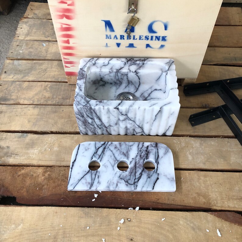 lilac marble sink, small marble sink, marble sink with backsplash, bathroom vanity sink, powder room sink, lilac stone basin, handmade marble sink, modern bathroom sink, luxury marble sink, custom marble sink, wall mounted marble sink, three hole marble sink, natural stone sink