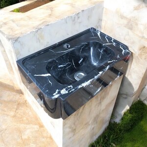 Handmade Black Nero Marquina Marble Wall Mounted Bathroom Sink Floating Luxury Natural Stone Wash Basin