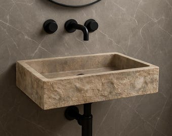 Hand-Carved Travertine Wall Mount Sink: Rustic Minimalist Bathroom Vanity by MarbleSinkCo