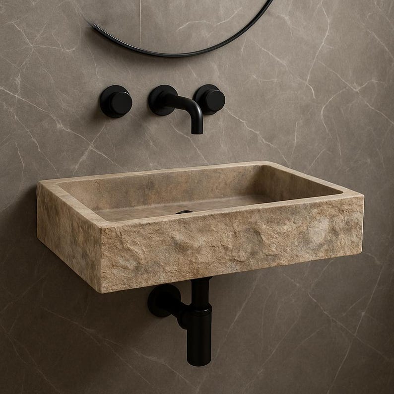 Hand-Carved Travertine Wall Mount Sink: Rustic Minimalist Bathroom Vanity