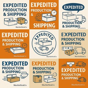May include: Nine square graphics with the words "EXPEDITED PRODUCTION & SHIPPING" in various layouts. Each graphic includes a sink, a delivery truck, and the MarbleSinkCo logo. Some include clocks.