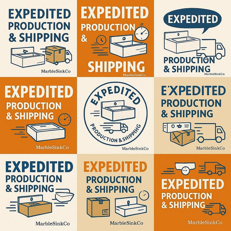 May include: Nine square graphics with the words "EXPEDITED PRODUCTION & SHIPPING" in various layouts. Each graphic includes a sink, a delivery truck, and the MarbleSinkCo logo. Some include clocks.