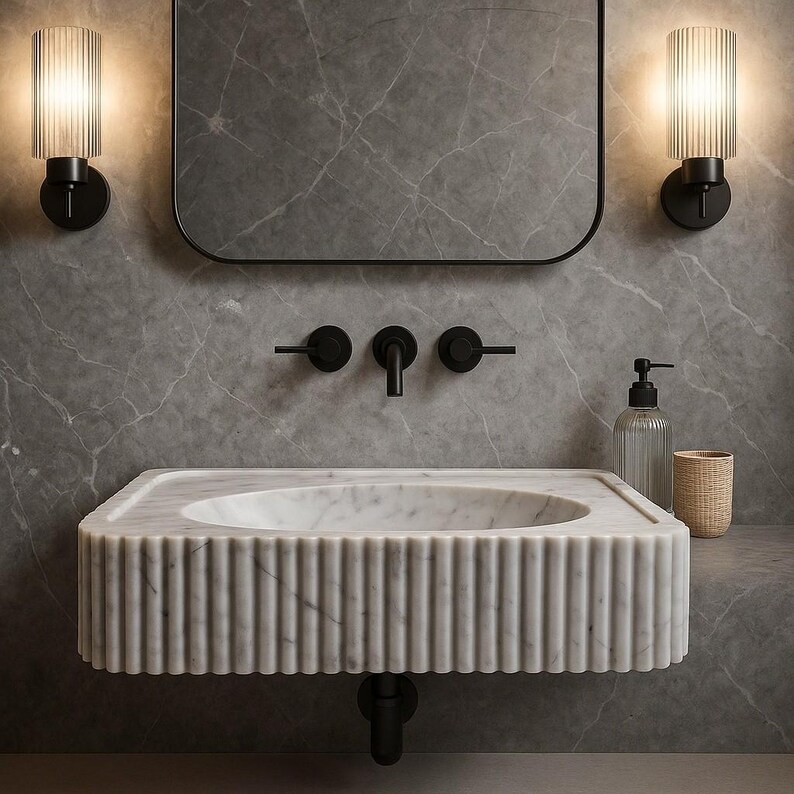 Carrara Marble Wall Mount Sink – Handmade Fluted Vanity Basin – Custom Floating Stone Sink – Modern Bathroom Vessel