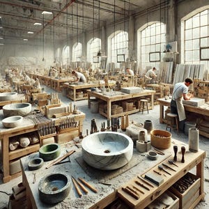 May include: A workshop with marble slabs, wooden workbenches, and tools. Workers are crafting marble sinks in various sizes and shapes.